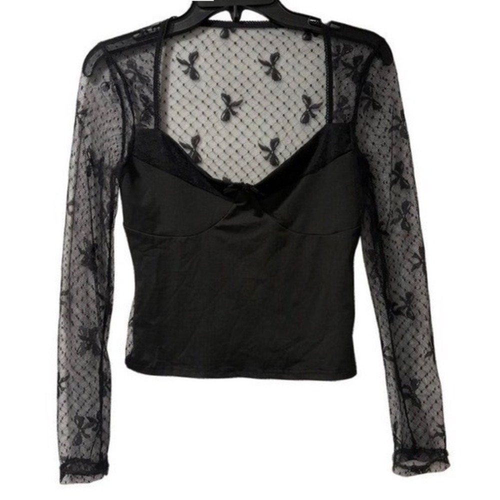 Black Sheer Lace Mesh Top Womens M Y2K Mall Goth‎ Coquette Going Out